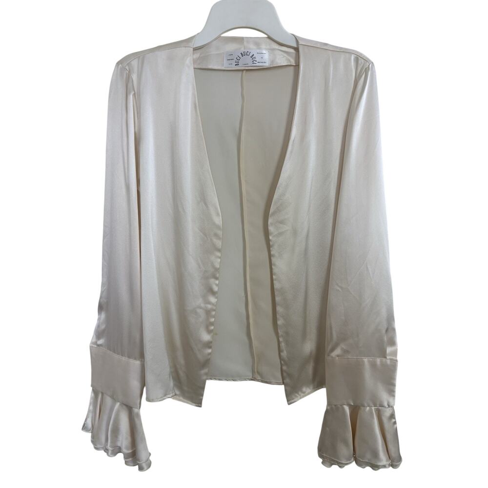 Buci NYC 100% Silk Deadstock Handmade Open Front Blouse Flare Cuffs L Fairycore